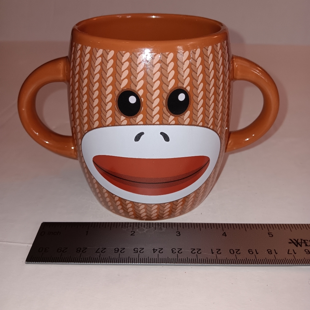 Double-Handled Sock Monkey Face Mug Coffee Cup Brown White Red